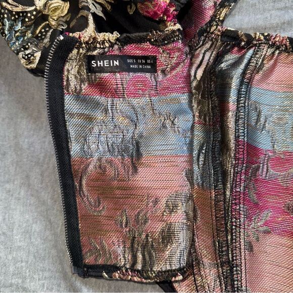 Sz Small Shein Jacquard Black Gold Pink & Blue Cropped Puffy Corset Style Top - Picture 7 of 7